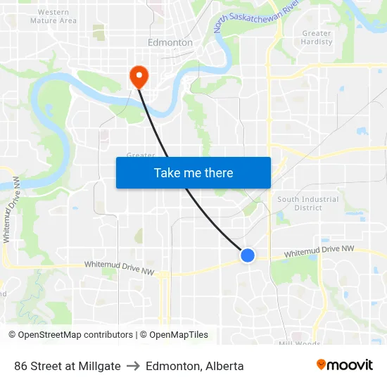 86 Street at Millgate to Edmonton, Alberta map