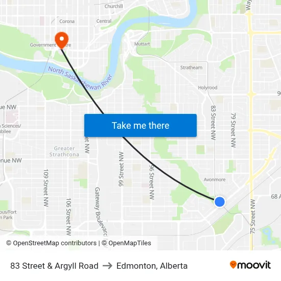 83 Street & Argyll Road to Edmonton, Alberta map