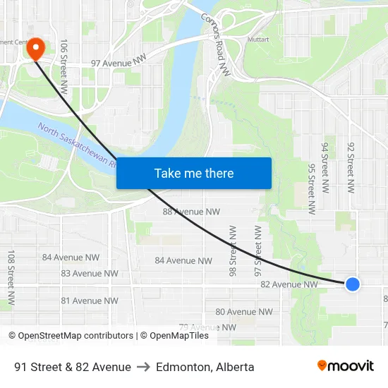 91 Street & 82 Avenue to Edmonton, Alberta map