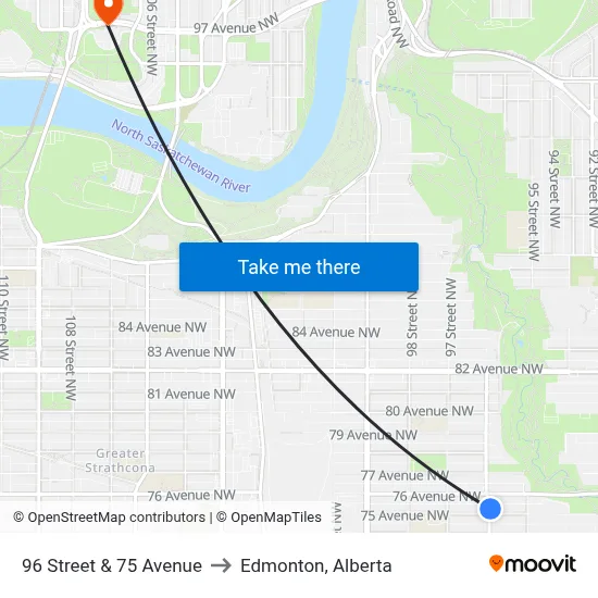 96 Street & 75 Avenue to Edmonton, Alberta map