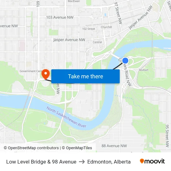Low Level Bridge & 98 Avenue to Edmonton, Alberta map