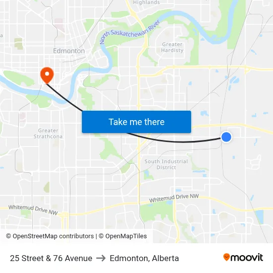 25 Street & 76 Avenue to Edmonton, Alberta map
