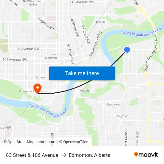 83 Street & 106 Avenue to Edmonton, Alberta map