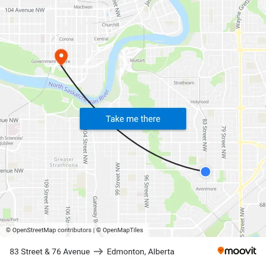83 Street & 76 Avenue to Edmonton, Alberta map