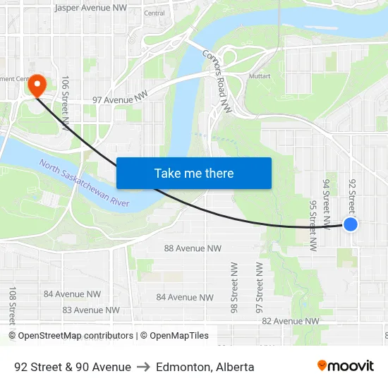 92 Street & 90 Avenue to Edmonton, Alberta map