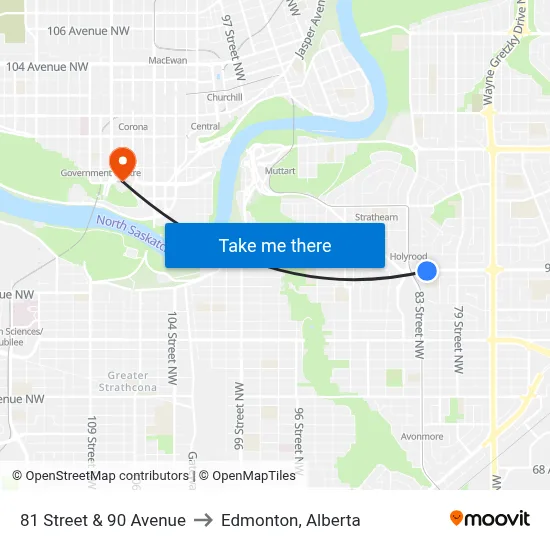 81 Street & 90 Avenue to Edmonton, Alberta map