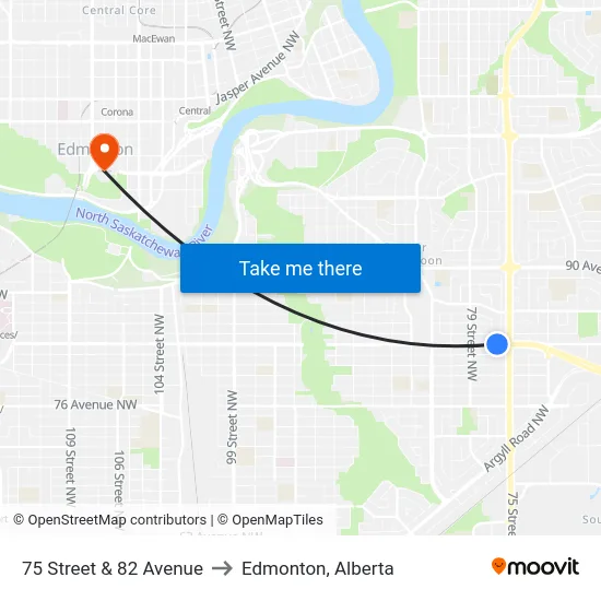 75 Street & 82 Avenue to Edmonton, Alberta map