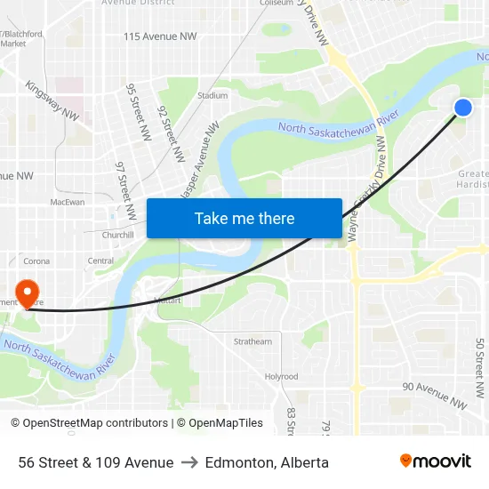 56 Street & 109 Avenue to Edmonton, Alberta map