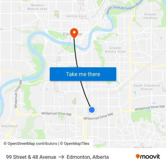 99 Street & 48 Avenue to Edmonton, Alberta map