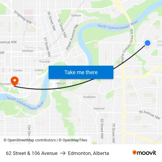 62 Street & 106 Avenue to Edmonton, Alberta map