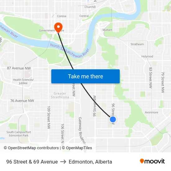 96 Street & 69 Avenue to Edmonton, Alberta map