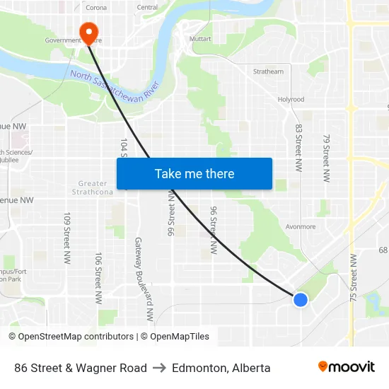 86 Street & Wagner Road to Edmonton, Alberta map