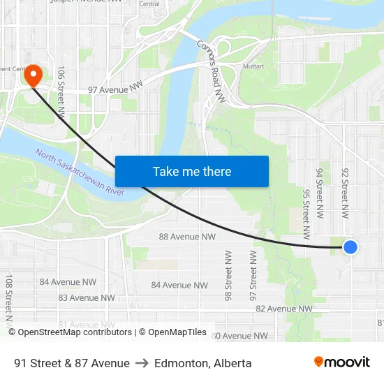 91 Street & 87 Avenue to Edmonton, Alberta map