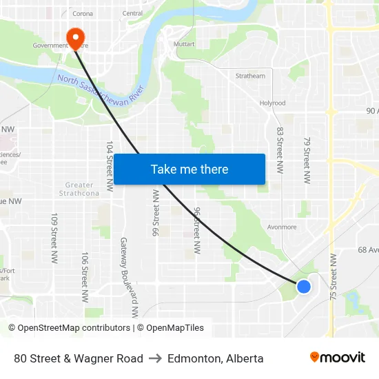 80 Street & Wagner Road to Edmonton, Alberta map