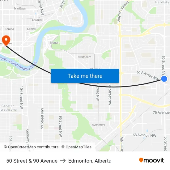 50 Street & 90 Avenue to Edmonton, Alberta map