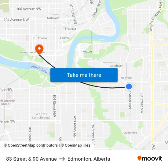 83 Street & 90 Avenue to Edmonton, Alberta map