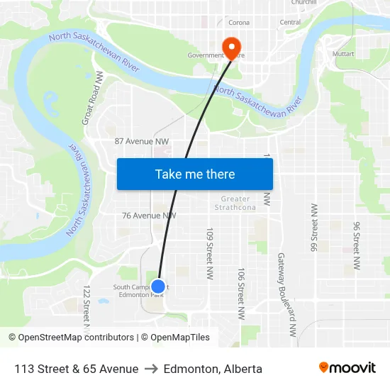 113 Street & 65 Avenue to Edmonton, Alberta map