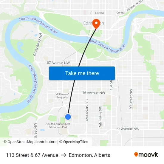 113 Street & 67 Avenue to Edmonton, Alberta map