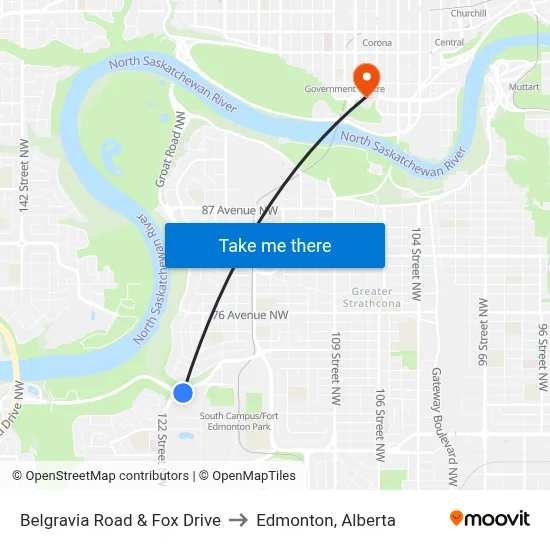 Belgravia Road & Fox Drive to Edmonton, Alberta map