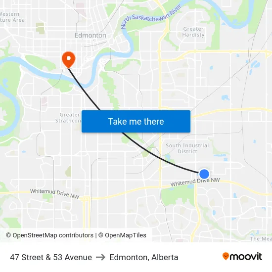 47 Street & 53 Avenue to Edmonton, Alberta map