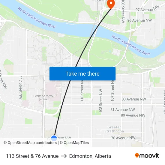 113 Street & 76 Avenue to Edmonton, Alberta map