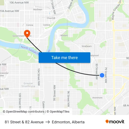 81 Street & 82 Avenue to Edmonton, Alberta map