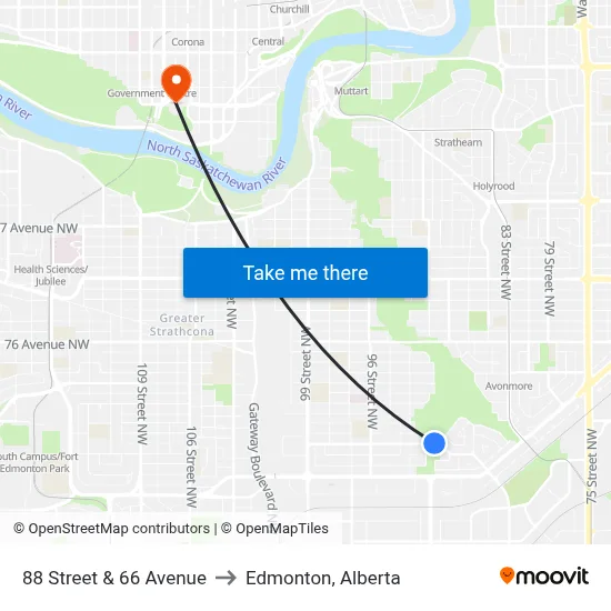 88 Street & 66 Avenue to Edmonton, Alberta map