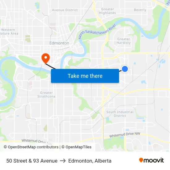 50 Street & 93 Avenue to Edmonton, Alberta map