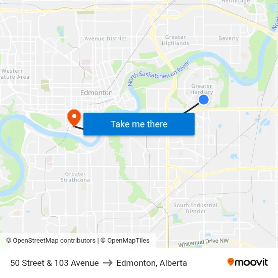50 Street & 103 Avenue to Edmonton, Alberta map