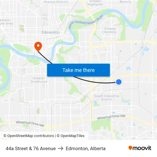 44a Street & 76 Avenue to Edmonton, Alberta map