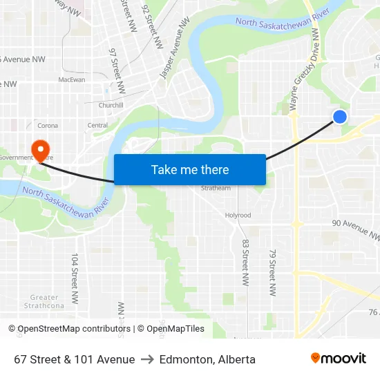 67 Street & 101 Avenue to Edmonton, Alberta map