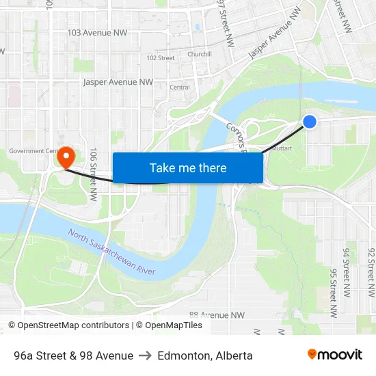96a Street & 98 Avenue to Edmonton, Alberta map