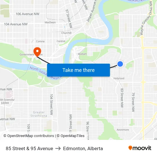 85 Street & 95 Avenue to Edmonton, Alberta map