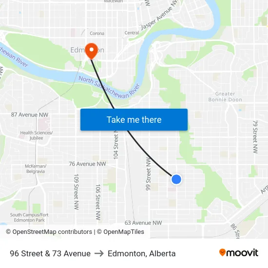 96 Street & 73 Avenue to Edmonton, Alberta map