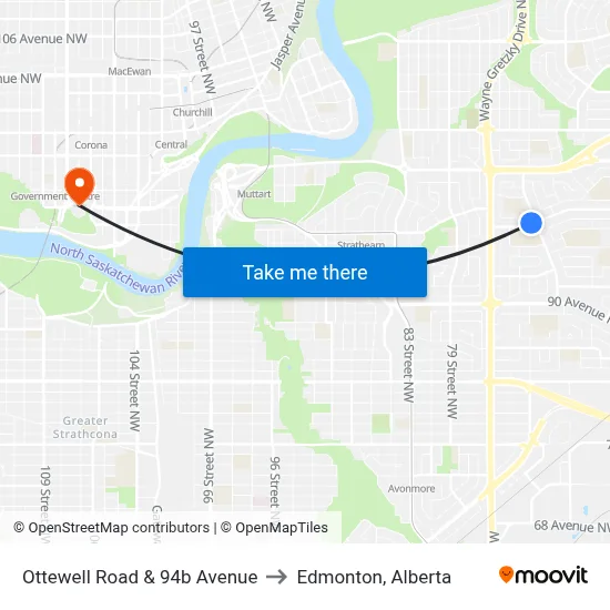 Ottewell Road & 94b Avenue to Edmonton, Alberta map