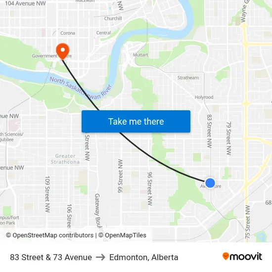 83 Street & 73 Avenue to Edmonton, Alberta map