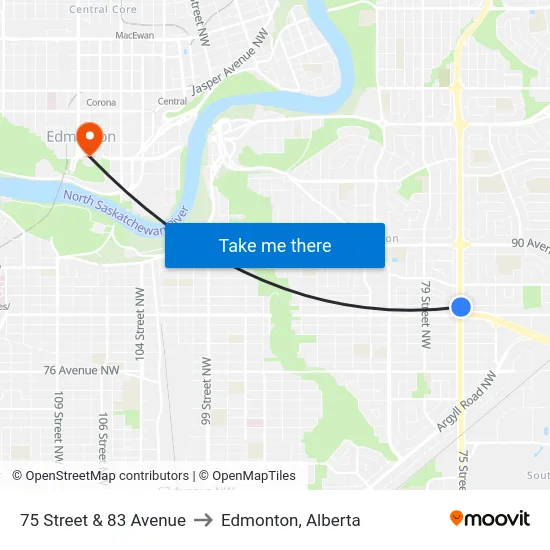 75 Street & 83 Avenue to Edmonton, Alberta map