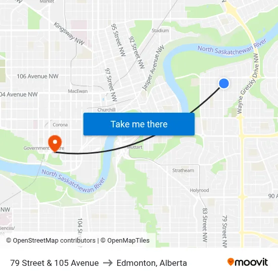 79 Street & 105 Avenue to Edmonton, Alberta map