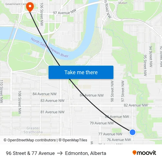 96 Street & 77 Avenue to Edmonton, Alberta map