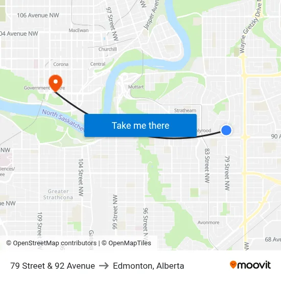 79 Street & 92 Avenue to Edmonton, Alberta map