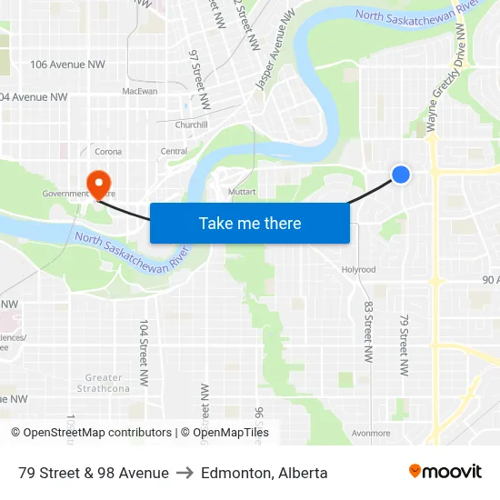 79 Street & 98 Avenue to Edmonton, Alberta map