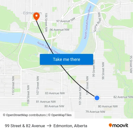 99 Street & 82 Avenue to Edmonton, Alberta map