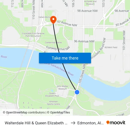 Walterdale Hill & Queen Elizabeth Park Road to Edmonton, Alberta map