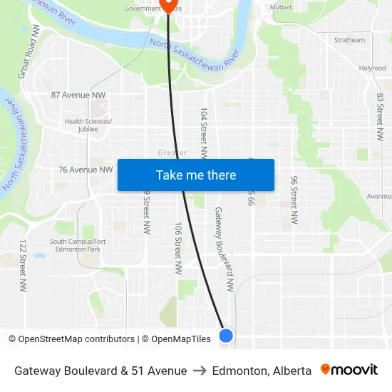 Gateway Boulevard & 51 Avenue to Edmonton, Alberta map