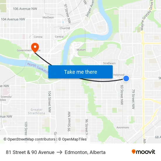 81 Street & 90 Avenue to Edmonton, Alberta map