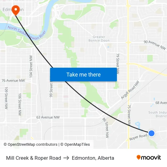 Mill Creek & Roper Road to Edmonton, Alberta map