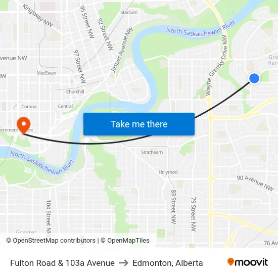 Fulton Road & 103a Avenue to Edmonton, Alberta map