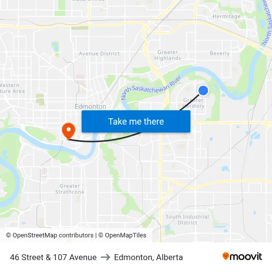 46 Street & 107 Avenue to Edmonton, Alberta map