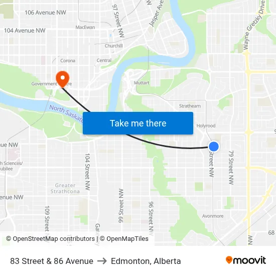 83 Street & 86 Avenue to Edmonton, Alberta map