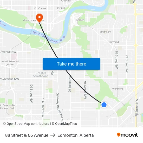 88 Street & 66 Avenue to Edmonton, Alberta map